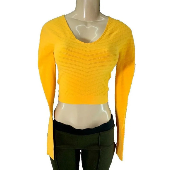 Free People L Marigold Sheer Seamless V-Neck Gone Adrift Long Sleeve Crop Top - Picture 2 of 6